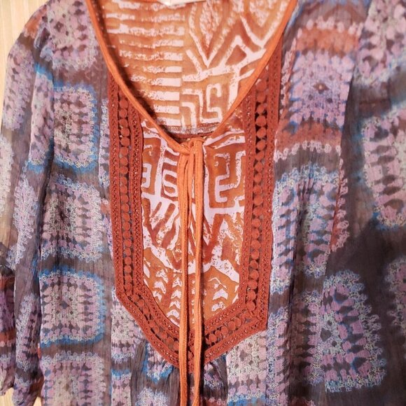 Gibson Orange Blue Sheer Boho Blouse Large - Picture 3 of 7